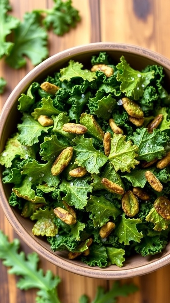 A bowl of crispy baked kale chips on a wooden table, garnished with sea salt.